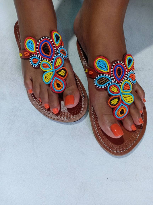 Handmade African Beaded Sandals/Authentic Maasai-Style Leather Flip-Flops Women/Boho Beach Sandals/Comfortable Summer Sandal African Gifts