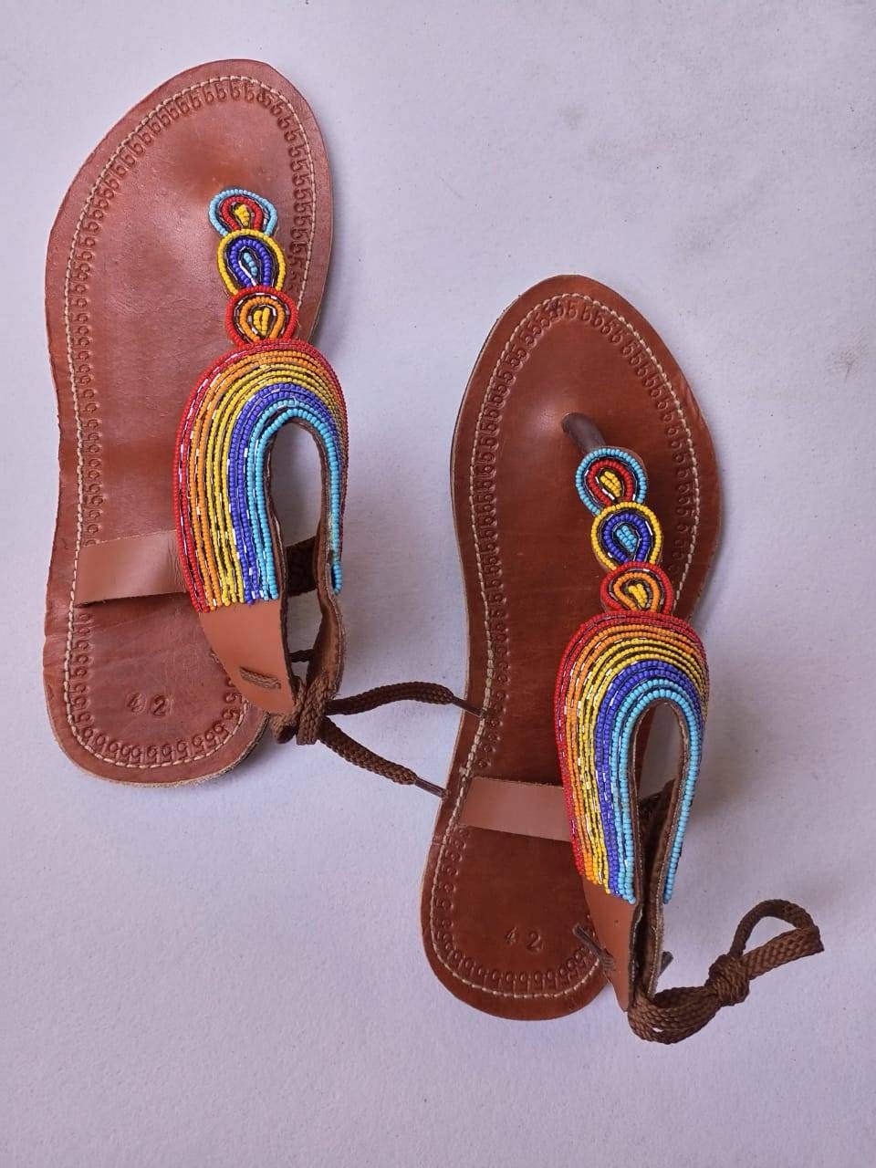 Handmade African Beaded Sandals/Authentic Maasai-Style Leather Flip-Flops Women/Boho Beach Sandals/Comfortable Summer Sandal African Gifts