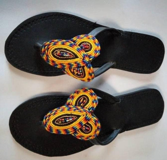 Handmade African Beaded Sandals/Authentic Maasai-Style Leather Flip-Flops Women/Boho Beach Sandals/Comfortable Summer Sandal African Gifts