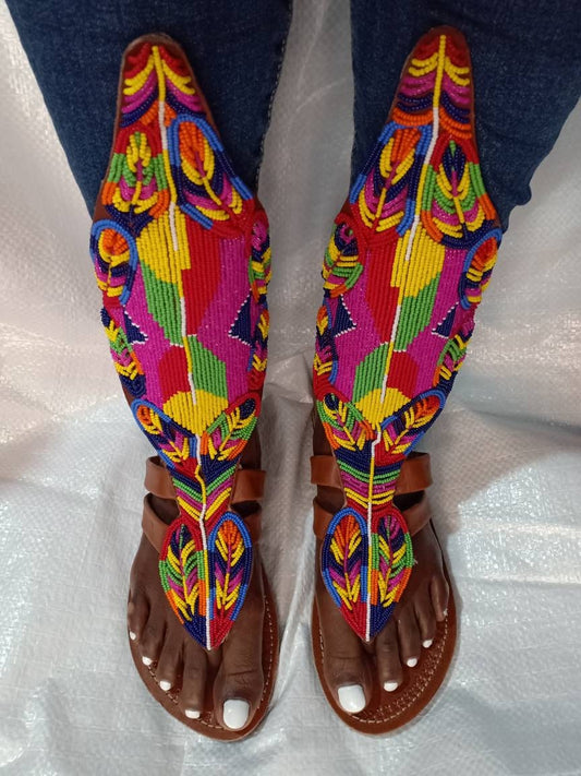 Handmade African Beaded Sandals/Authentic Maasai-Style Leather Flip-Flops Women/Boho Beach Sandals/Comfortable Summer Sandal African Gifts