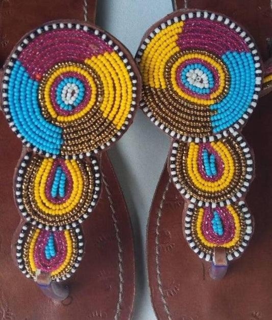 Handmade African Beaded Sandals/Authentic Maasai-Style Leather Flip-Flops Women/Boho Beach Sandals/Comfortable Summer Sandal African Gifts