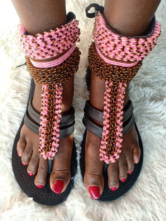 Handmade African Beaded Sandals/Authentic Maasai-Style Leather Flip-Flops Women/Boho Beach Sandals/Comfortable Summer Sandal African Gifts