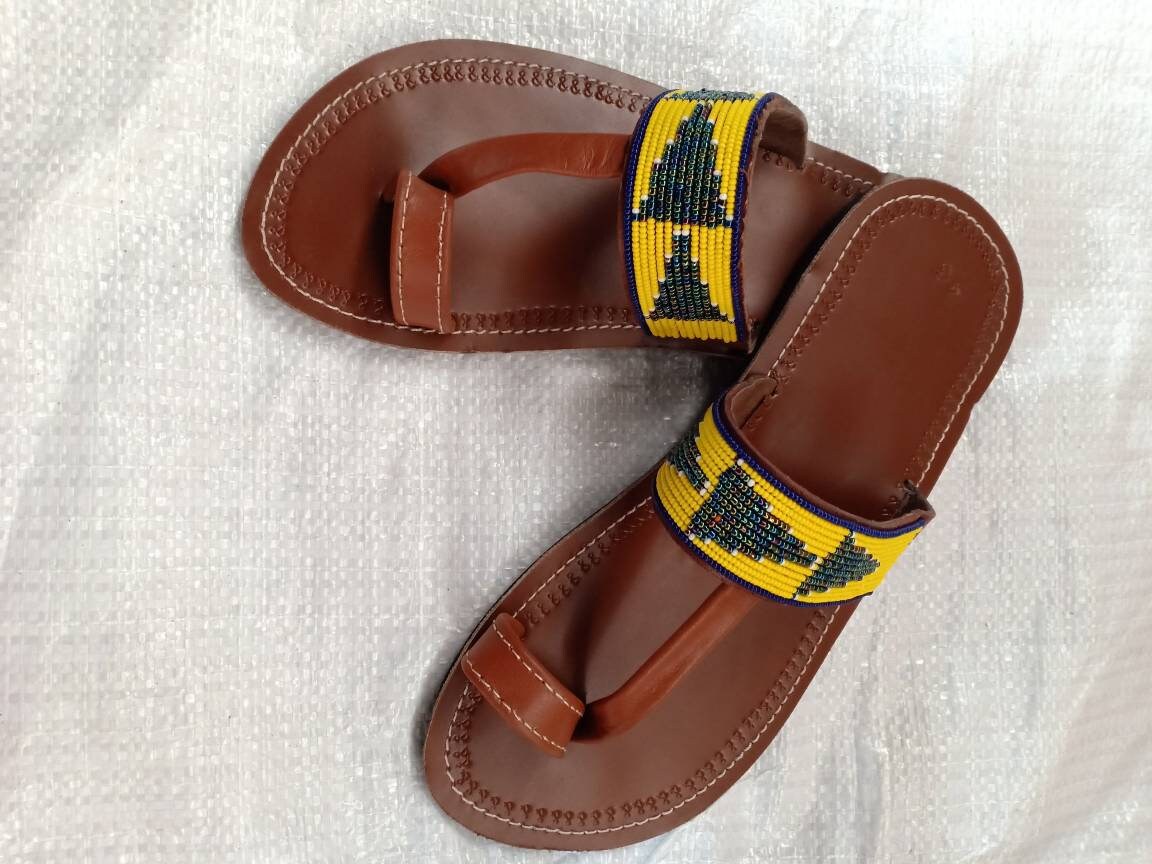 Handmade African Beaded Sandals/Authentic Maasai-Style Leather Flip-Flops Women/Boho Beach Sandals/Comfortable Summer Sandal African Gifts