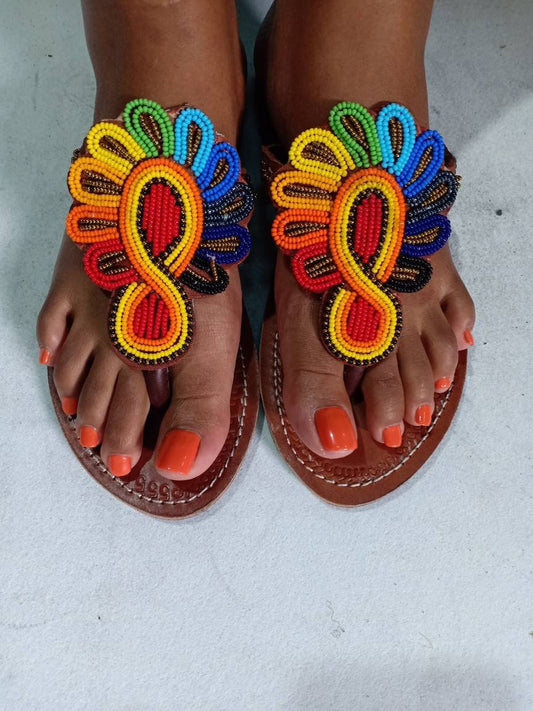 Handmade African Beaded Sandals/Authentic Maasai-Style Leather Flip-Flops Women/Boho Beach Sandals/Comfortable Summer Sandal African Gifts