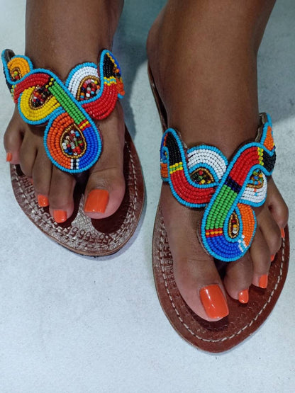 Handmade African Beaded Sandals/Authentic Maasai-Style Leather Flip-Flops Women/Boho Beach Sandals/Comfortable Summer Sandal African Gifts