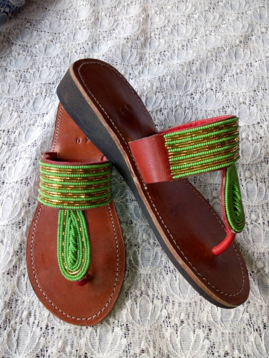 Handmade African Beaded Sandals/Authentic Maasai-Style Leather Flip-Flops Women/Boho Beach Sandals/Comfortable Summer Sandal African Gifts