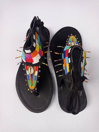 Handmade African Beaded Sandals/Authentic Maasai-Style Leather Flip-Flops Women/Boho Beach Sandals/Comfortable Summer Sandal African Gifts