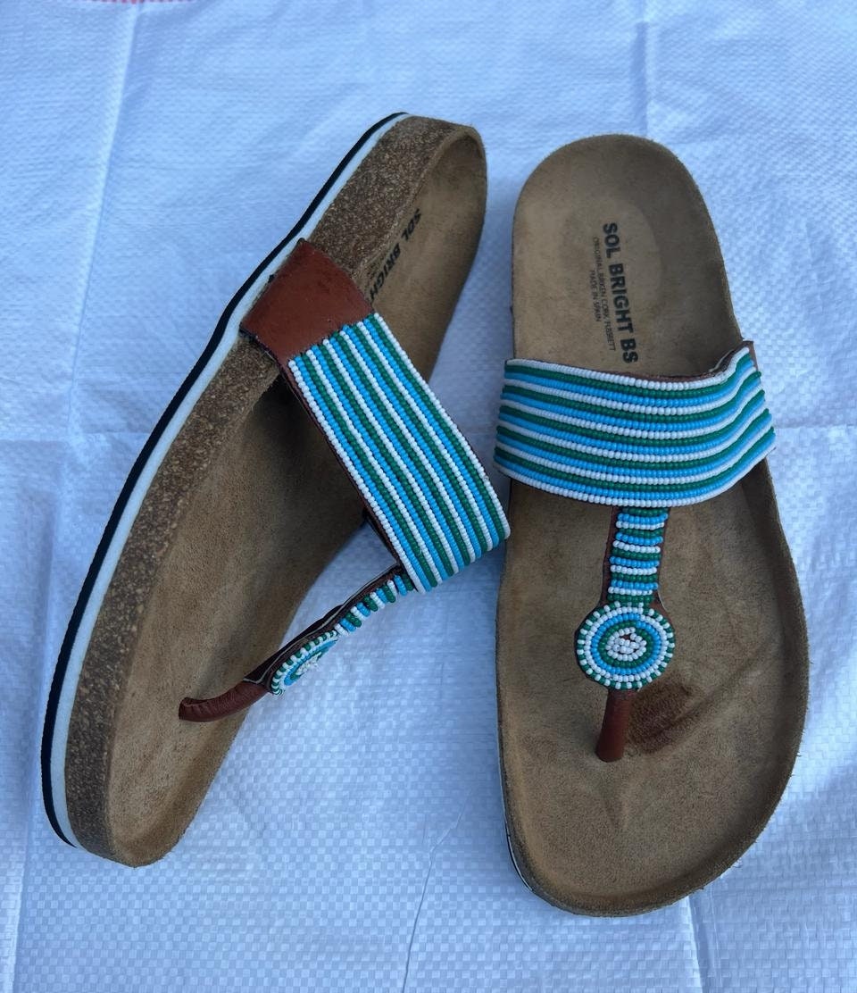 Handmade African Beaded Sandals/Authentic Maasai-Style Leather Flip-Flops Women/Boho Beach Sandals/Comfortable Summer Sandal African Gifts