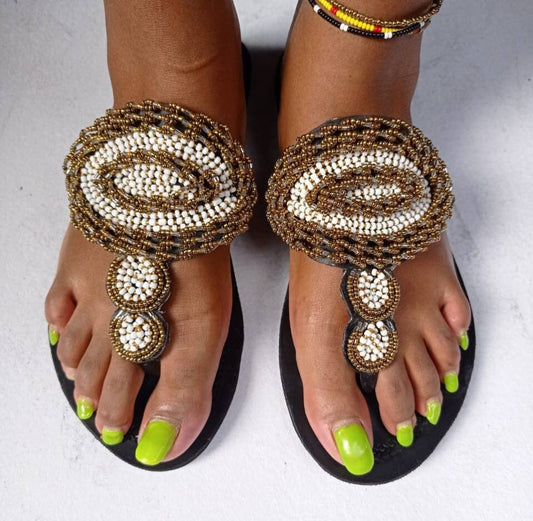 Handmade African Beaded Sandals/Authentic Maasai-Style Leather Flip-Flops Women/Boho Beach Sandals/Comfortable Summer Sandal African Gifts
