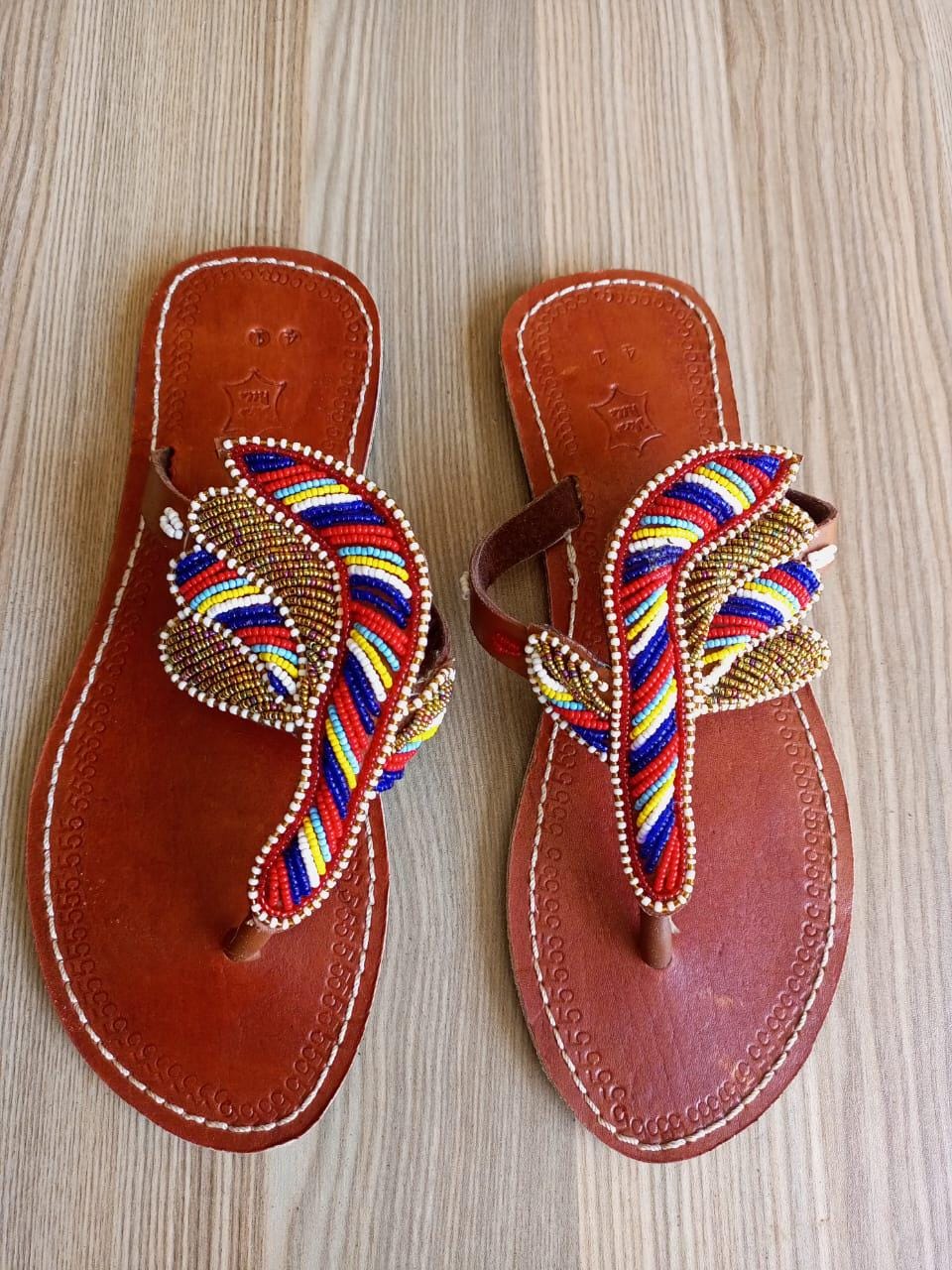 Handmade African Beaded Sandals/Authentic Maasai-Style Leather Flip-Flops Women/Boho Beach Sandals/Comfortable Summer Sandal African Gifts