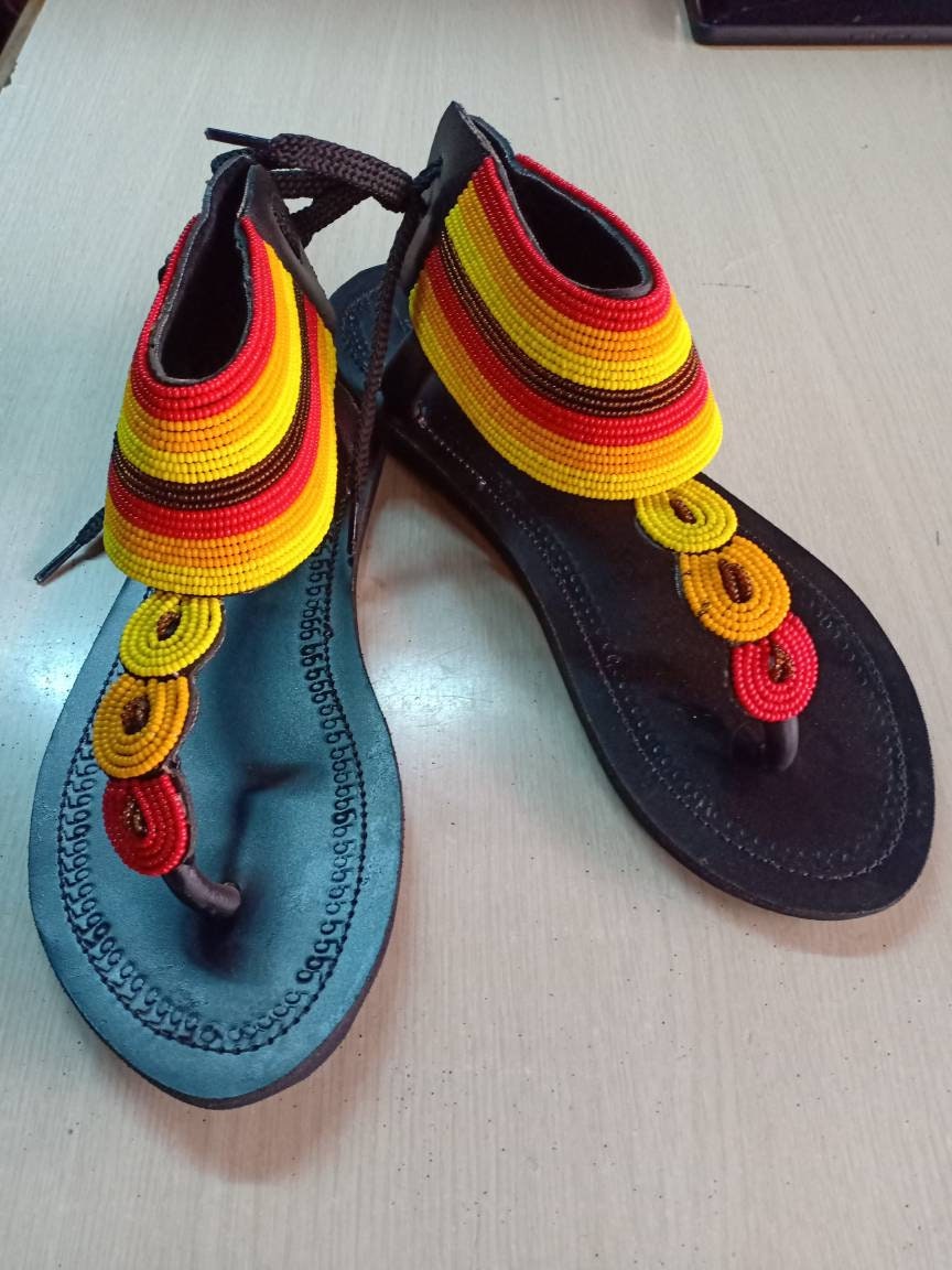 Handmade African Beaded Sandals/Authentic Maasai-Style Leather Flip-Flops Women/Boho Beach Sandals/Comfortable Summer Sandal African Gifts