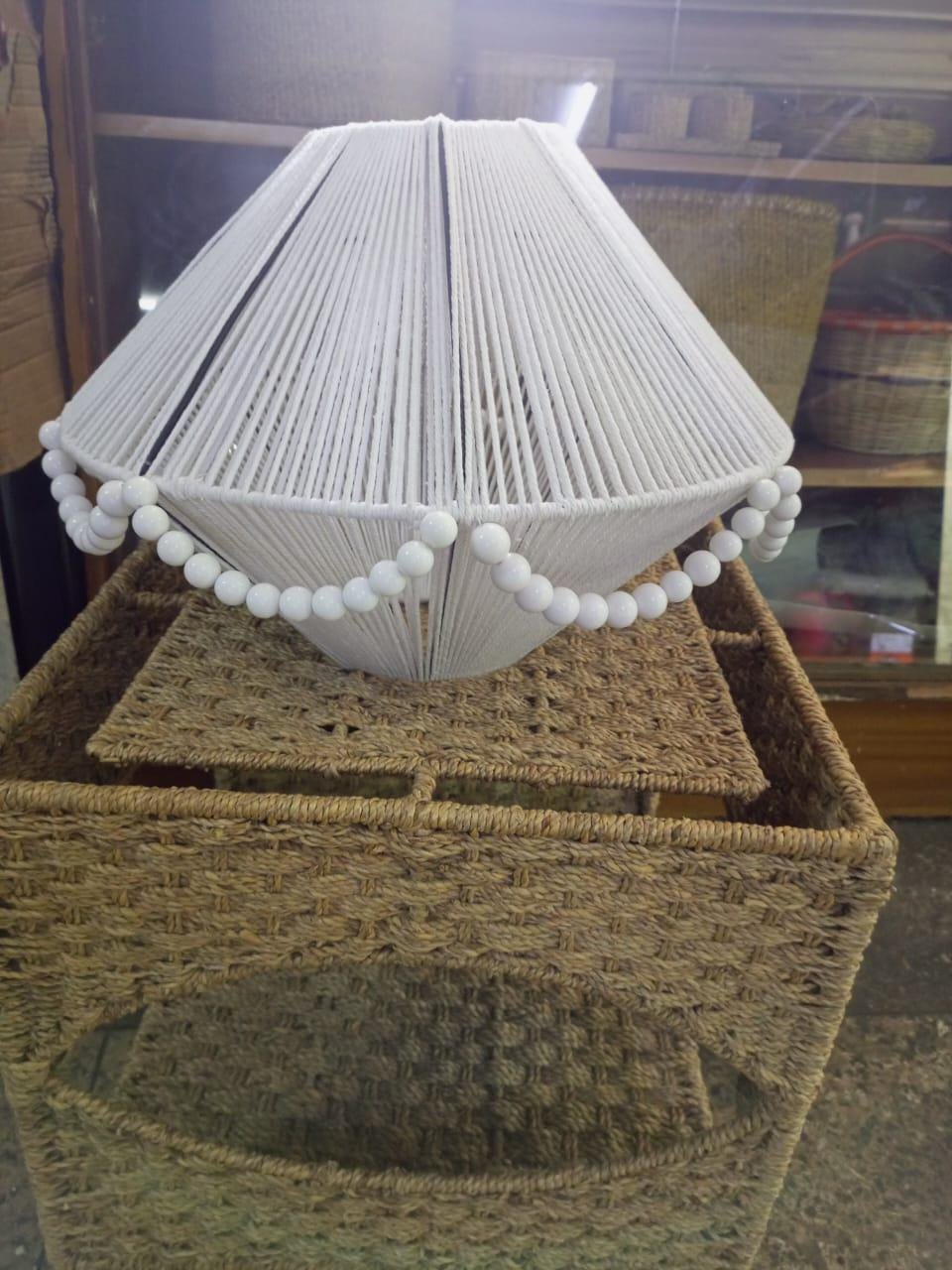 Handcrafted White Cord Lamp Shade with Elegant Beads – Boho Chic Lighting for Home Décor
