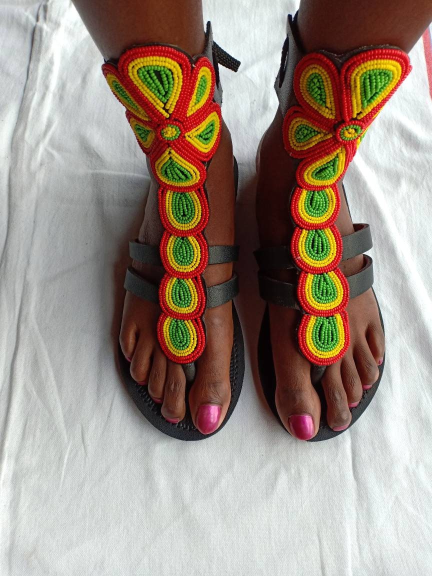 Handmade African Beaded Sandals/Authentic Maasai-Style Leather Flip-Flops Women/Boho Beach Sandals/Comfortable Summer Sandal African Gifts