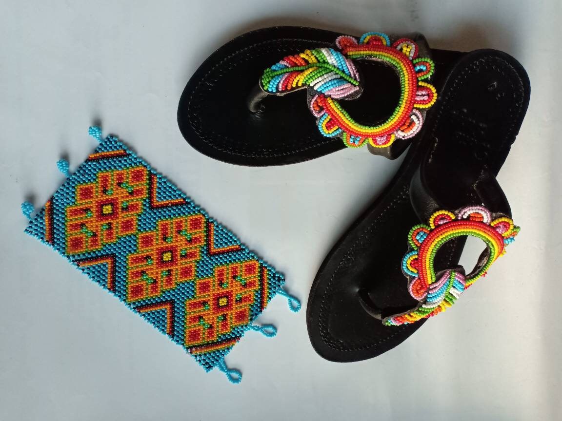 Handmade African Beaded Sandals/Authentic Maasai-Style Leather Flip-Flops Women/Boho Beach Sandals/Comfortable Summer Sandal African Gifts