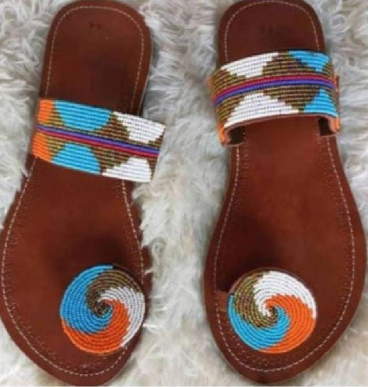 Handmade African Beaded Sandals/Authentic Maasai-Style Leather Flip-Flops Women/Boho Beach Sandals/Comfortable Summer Sandal African Gifts