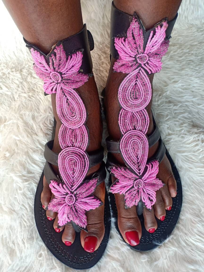 Handmade African Beaded Sandals/Authentic Maasai-Style Leather Flip-Flops Women/Boho Beach Sandals/Comfortable Summer Sandal African Gifts