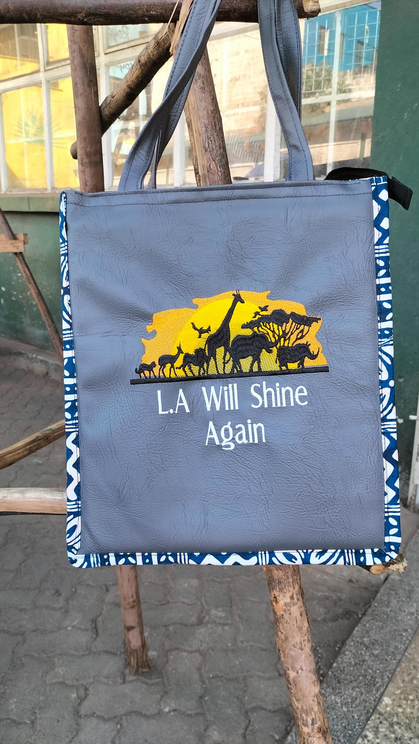 L A will Shine again African Leather Tote bag, handcrafted laptop bag,Black woman modern African tote bag, Stylish tote bag, Brown girl bag.