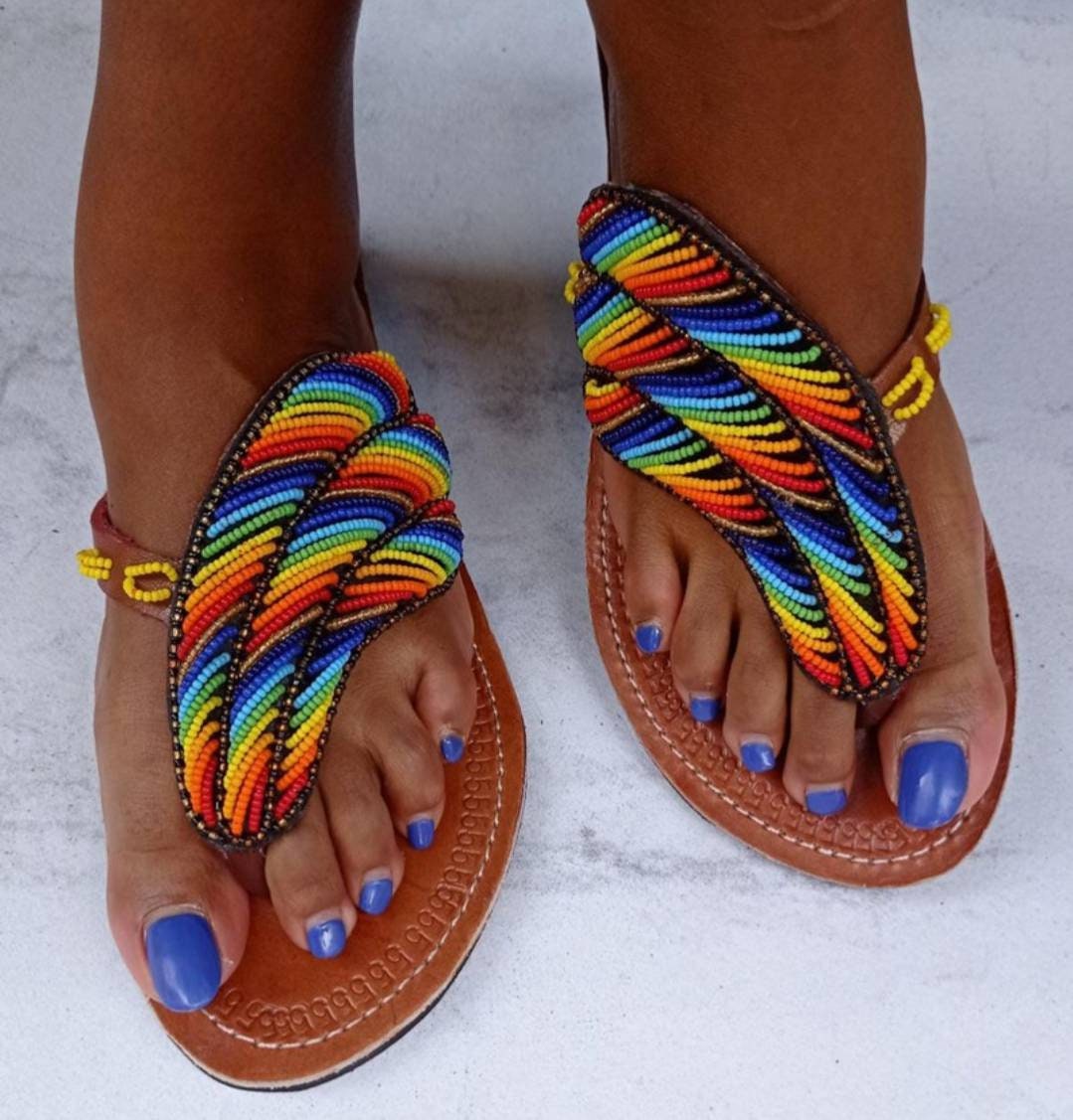 Handmade African Beaded Sandals/Authentic Maasai-Style Leather Flip-Flops Women/Boho Beach Sandals/Comfortable Summer Sandal African Gifts