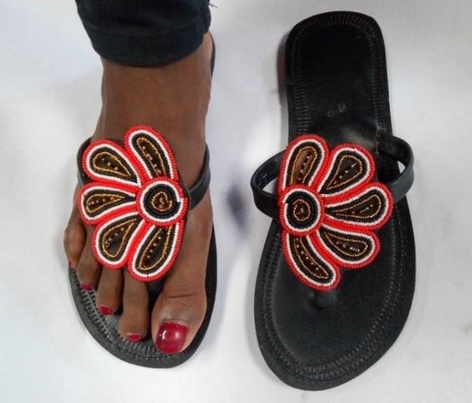 Handmade African Beaded Sandals/Authentic Maasai-Style Leather Flip-Flops Women/Boho Beach Sandals/Comfortable Summer Sandal African Gifts