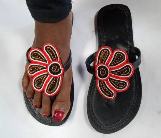 Handmade African Beaded Sandals/Authentic Maasai-Style Leather Flip-Flops Women/Boho Beach Sandals/Comfortable Summer Sandal African Gifts