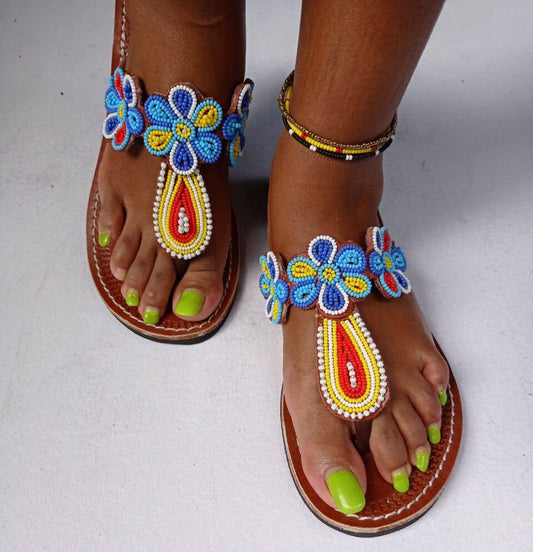 Handmade African Beaded Sandals/Authentic Maasai-Style Leather Flip-Flops Women/Boho Beach Sandals/Comfortable Summer Sandal African Gifts