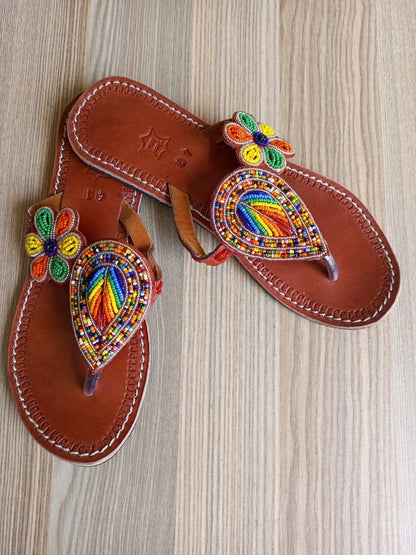 Handmade African Beaded Sandals/Authentic Maasai-Style Leather Flip-Flops Women/Boho Beach Sandals/Comfortable Summer Sandal African Gifts