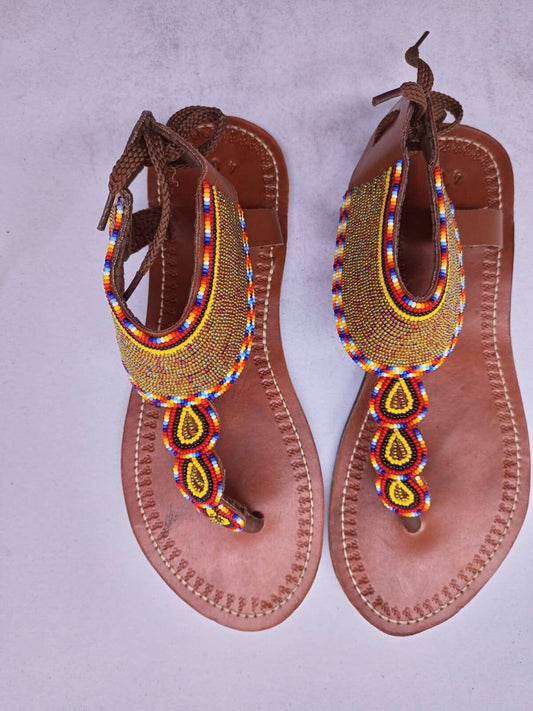 Handmade African Beaded Sandals/Authentic Maasai-Style Leather Flip-Flops Women/Boho Beach Sandals/Comfortable Summer Sandal African Gifts