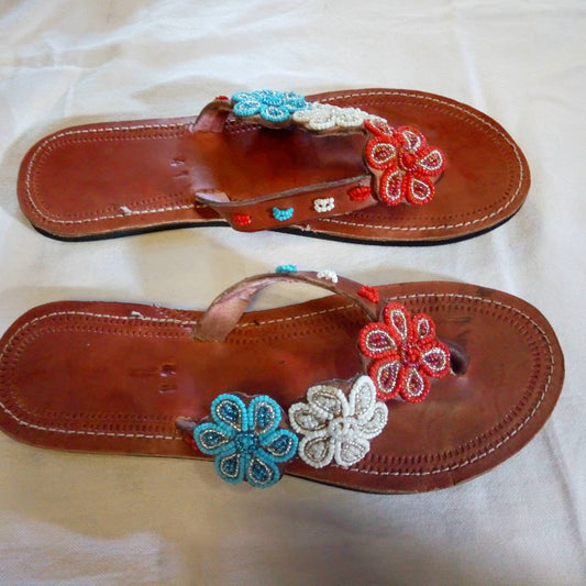 Handmade African Beaded Sandals/Authentic Maasai-Style Leather Flip-Flops Women/Boho Beach Sandals/Comfortable Summer Sandal African Gifts