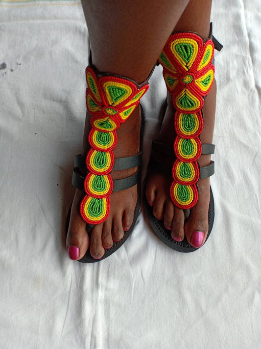 Handmade African Beaded Sandals/Authentic Maasai-Style Leather Flip-Flops Women/Boho Beach Sandals/Comfortable Summer Sandal African Gifts