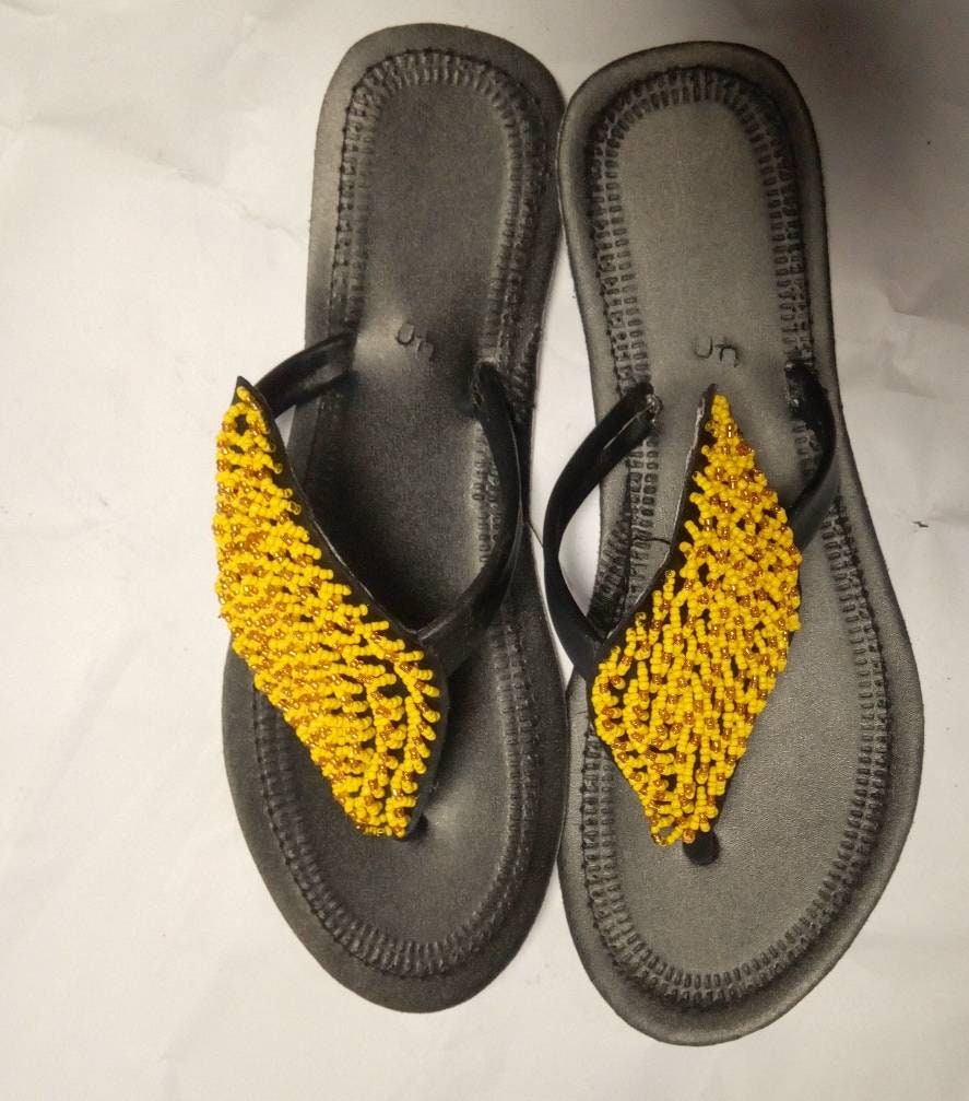 Handmade African Beaded Sandals/Authentic Maasai-Style Leather Flip-Flops Women/Boho Beach Sandals/Comfortable Summer Sandal African Gifts