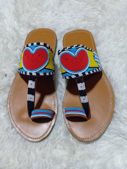 Handmade African Beaded Sandals/Authentic Maasai-Style Leather Flip-Flops Women/Boho Beach Sandals/Comfortable Summer Sandal African Gifts
