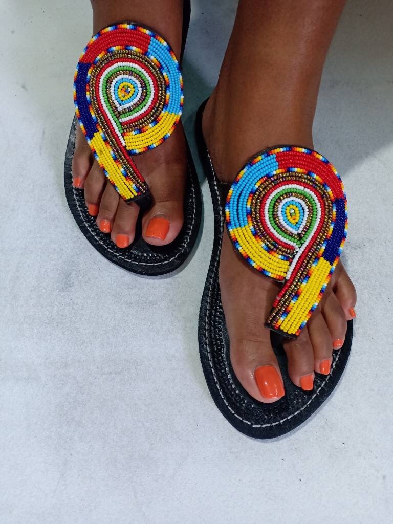 Handmade African Beaded Sandals/Authentic Maasai-Style Leather Flip-Flops Women/Boho Beach Sandals/Comfortable Summer Sandal African Gifts