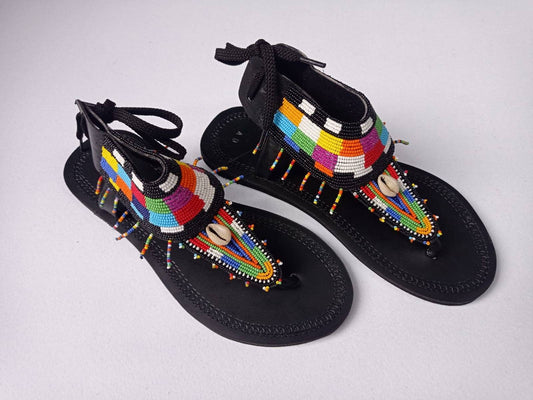 Handmade African Beaded Sandals/Authentic Maasai-Style Leather Flip-Flops Women/Boho Beach Sandals/Comfortable Summer Sandal African Gifts