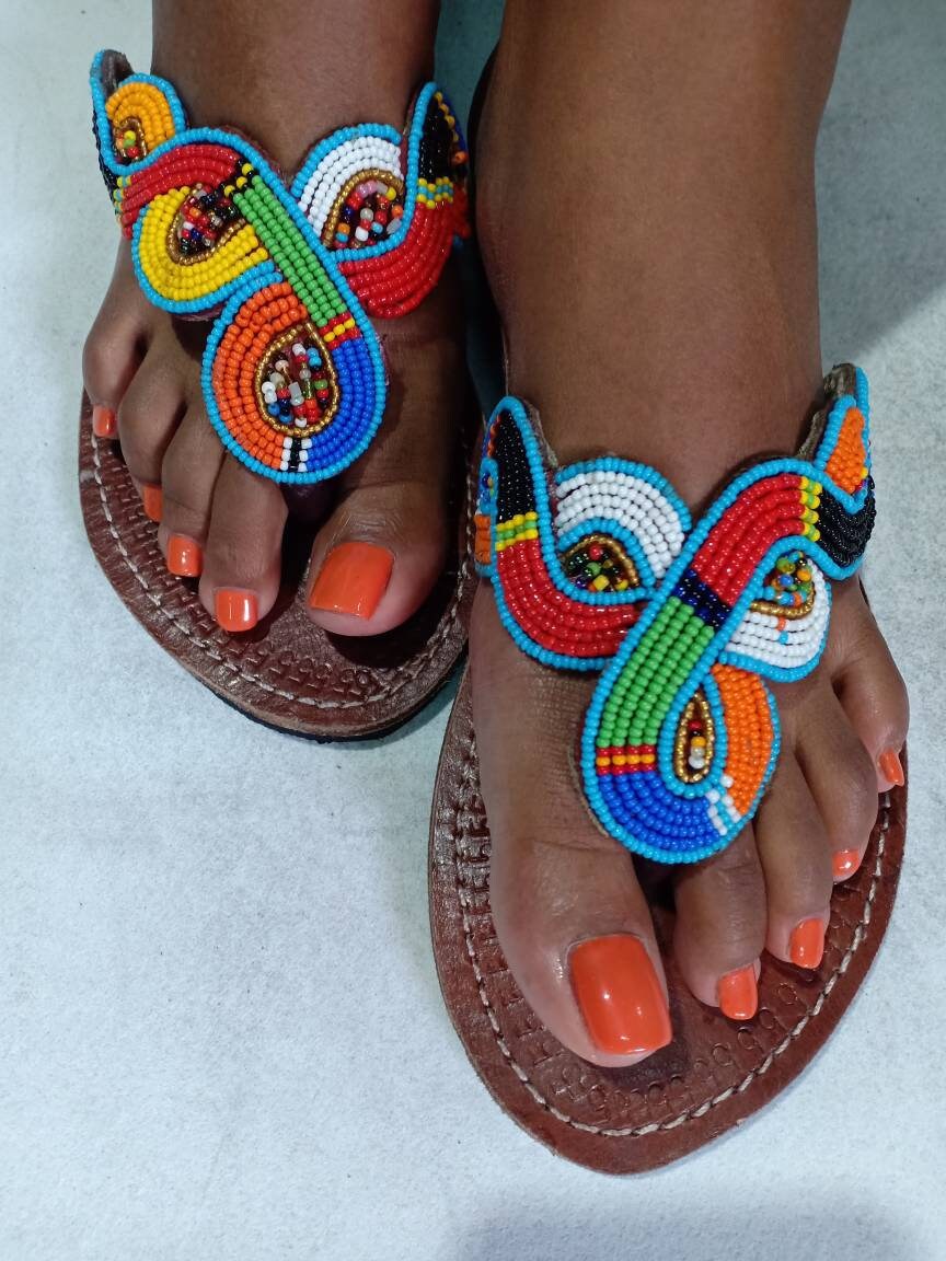 Handmade African Beaded Sandals/Authentic Maasai-Style Leather Flip-Flops Women/Boho Beach Sandals/Comfortable Summer Sandal African Gifts