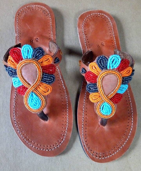 Handmade African Beaded Sandals/Authentic Maasai-Style Leather Flip-Flops Women/Boho Beach Sandals/Comfortable Summer Sandal African Gifts