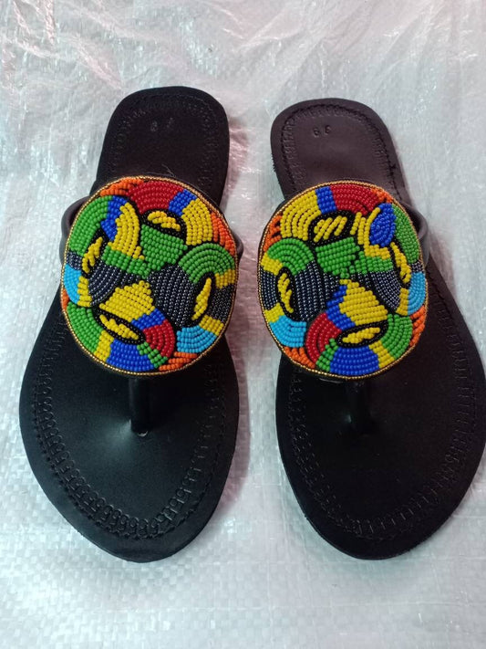 Handmade African Beaded Sandals/Authentic Maasai-Style Leather Flip-Flops Women/Boho Beach Sandals/Comfortable Summer Sandal African Gifts