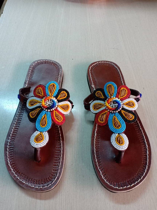 Handmade African Beaded Sandals/Authentic Maasai-Style Leather Flip-Flops Women/Boho Beach Sandals/Comfortable Summer Sandal African Gifts