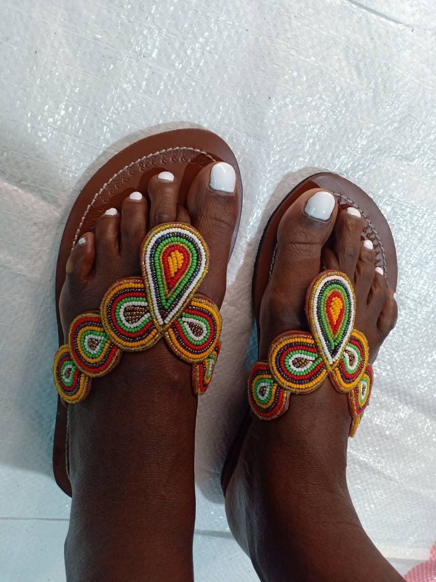 Handmade African Beaded Sandals/Authentic Maasai-Style Leather Flip-Flops Women/Boho Beach Sandals/Comfortable Summer Sandal African Gifts