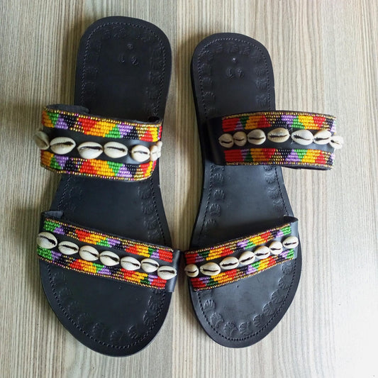 Handmade African Beaded Sandals/Authentic Maasai-Style Leather Flip-Flops Women/Boho Beach Sandals/Comfortable Summer Sandal African Gifts