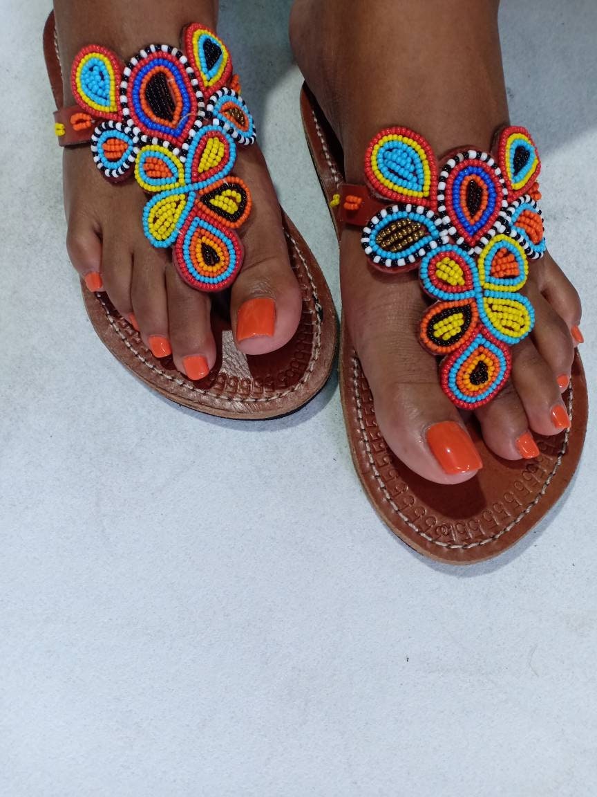Handmade African Beaded Sandals/Authentic Maasai-Style Leather Flip-Flops Women/Boho Beach Sandals/Comfortable Summer Sandal African Gifts