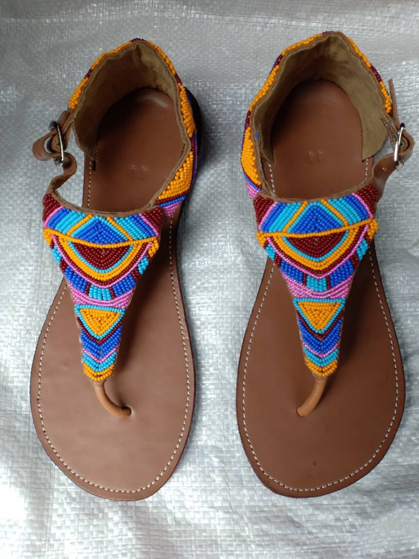 Handmade African Beaded Sandals/Authentic Maasai-Style Leather Flip-Flops Women/Boho Beach Sandals/Comfortable Summer Sandal African Gifts