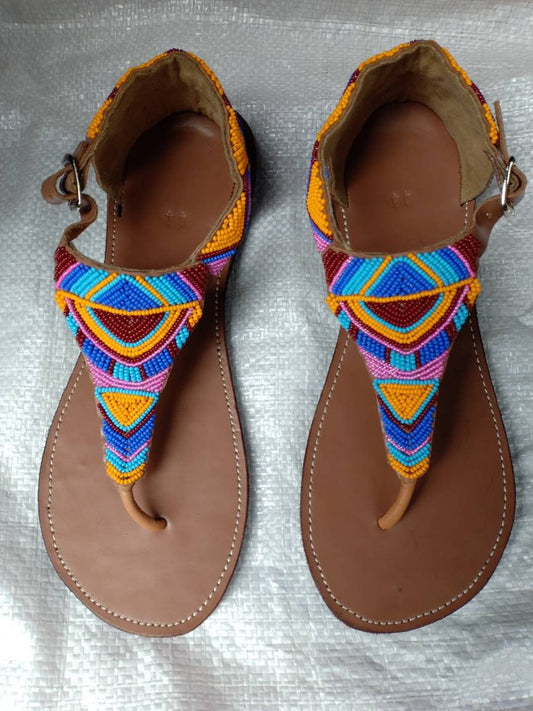 Handmade African Beaded Sandals/Authentic Maasai-Style Leather Flip-Flops Women/Boho Beach Sandals/Comfortable Summer Sandal African Gifts