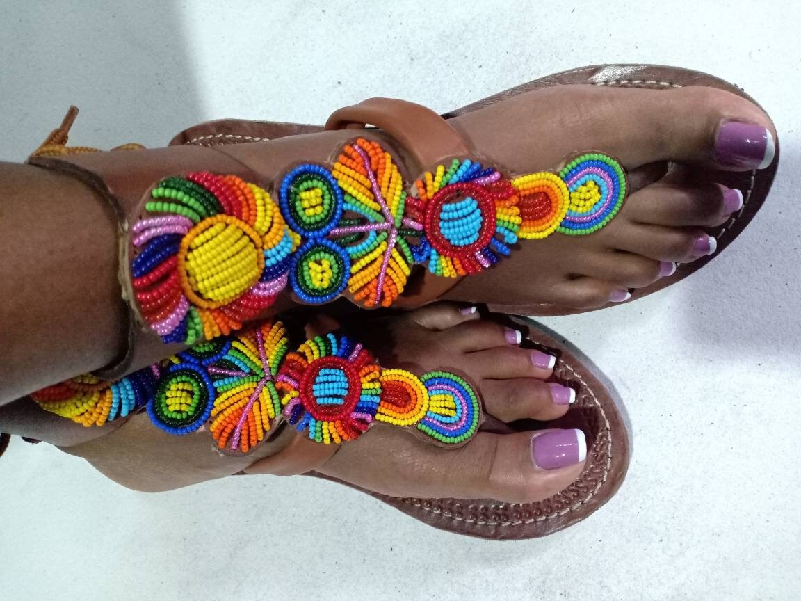 Handmade African Beaded Sandals/Authentic Maasai-Style Leather Flip-Flops Women/Boho Beach Sandals/Comfortable Summer Sandal African Gifts