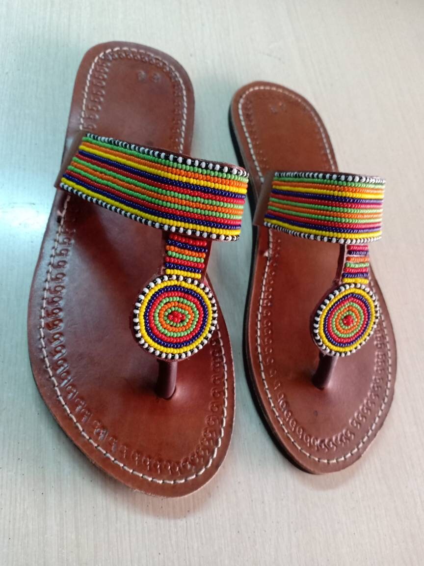 Handmade African Beaded Sandals/Authentic Maasai-Style Leather Flip-Flops Women/Boho Beach Sandals/Comfortable Summer Sandal African Gifts