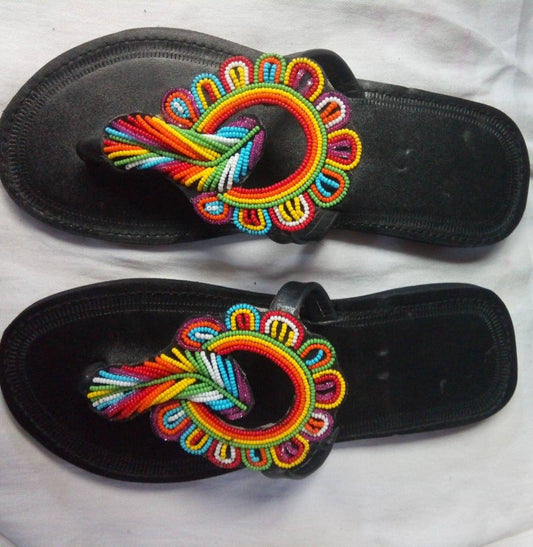Handmade African Beaded Sandals/Authentic Maasai-Style Leather Flip-Flops Women/Boho Beach Sandals/Comfortable Summer Sandal African Gifts