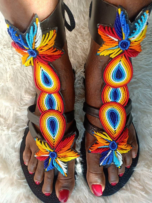 Handmade African Beaded Sandals/Authentic Maasai-Style Leather Flip-Flops Women/Boho Beach Sandals/Comfortable Summer Sandal African Gifts