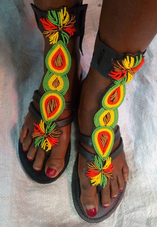 Handmade African Beaded Sandals/Authentic Maasai-Style Leather Flip-Flops Women/Boho Beach Sandals/Comfortable Summer Sandal African Gifts