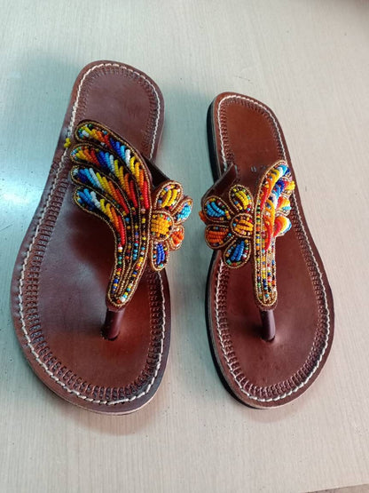 Handmade African Beaded Sandals/Authentic Maasai-Style Leather Flip-Flops Women/Boho Beach Sandals/Comfortable Summer Sandal African Gifts