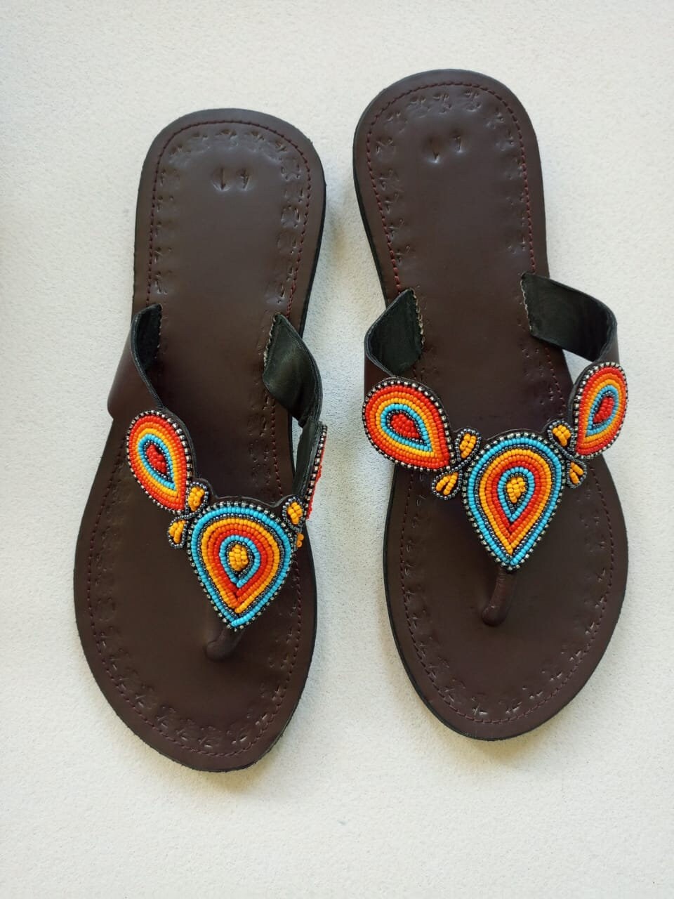 Handmade African Beaded Sandals/Authentic Maasai-Style Leather Flip-Flops Women/Boho Beach Sandals/Comfortable Summer Sandal African Gifts