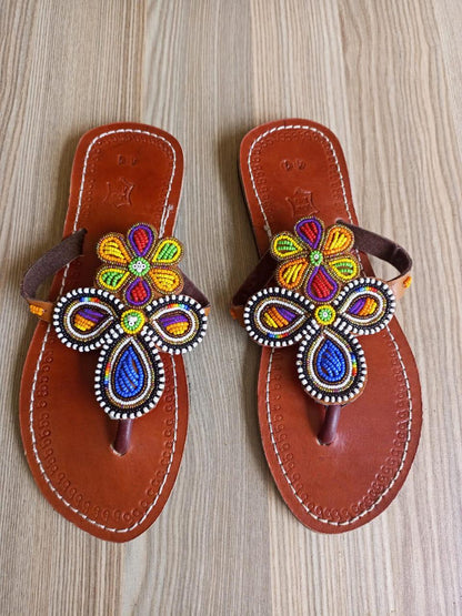 Handmade African Beaded Sandals/Authentic Maasai-Style Leather Flip-Flops Women/Boho Beach Sandals/Comfortable Summer Sandal African Gifts